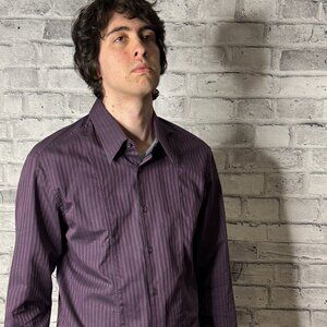 Boss Men's Striped Button Down Shirt Purple Charcoal